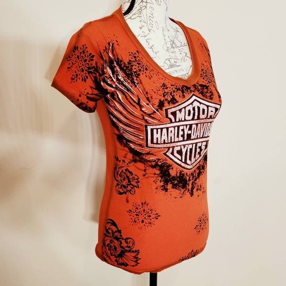 Harley Davidson Orange & Black Wing Tee - Picture 2 of 5